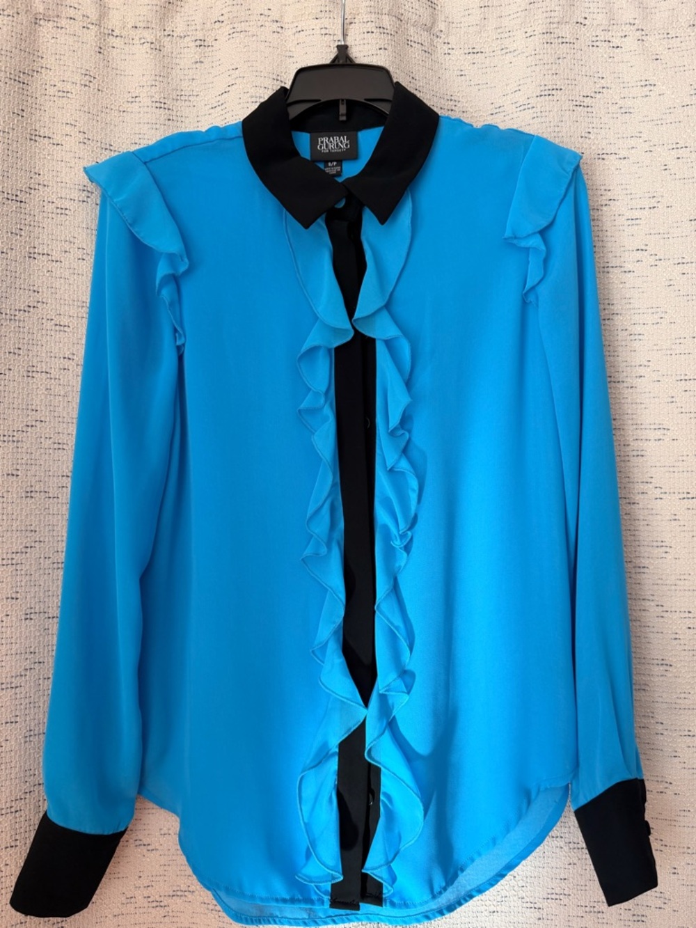 Prabal Gurung Bright Blue Ruffle Blouse with Black Trim